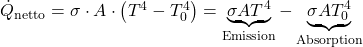 \dot{Q}_{\text{netto}} = \sigma \cdot A \cdot \left( T^4 - T_0^4 \right) = \underbrace{\sigma A T^4}_{\text{Emission}} - \underbrace{\sigma A T_0^4}_{\text{Absorption}}