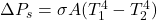 \Delta P_s = \sigma A(T_1^4 - T_2^4)