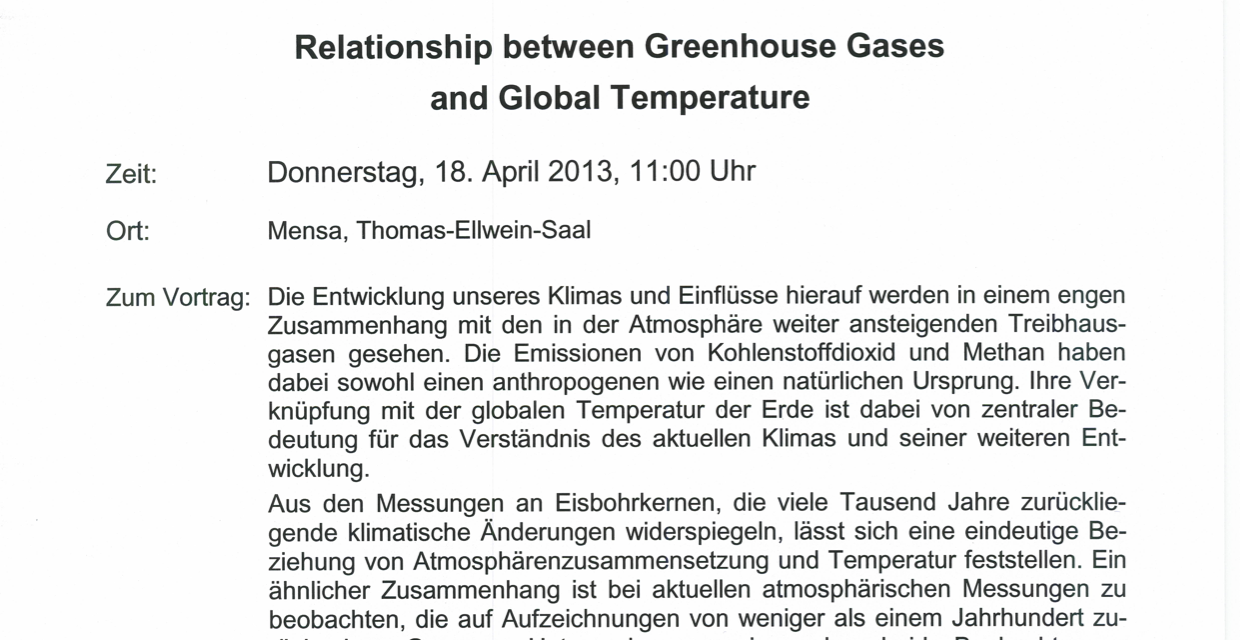 Klima-Vortrag am 18.4.13 in Hamburg: „Über die Beziehung zwischen Global Temperatur und Treibhausgasen“