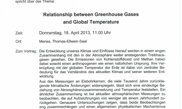 Klima-Vortrag am 18.4.13 in Hamburg: „Über die Beziehung zwischen Global Temperatur und Treibhausgasen“