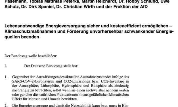 Energiewende beenden, „Klimaschutz“-maßnahmen stoppen : Vorschläge der AfD im Bundestag