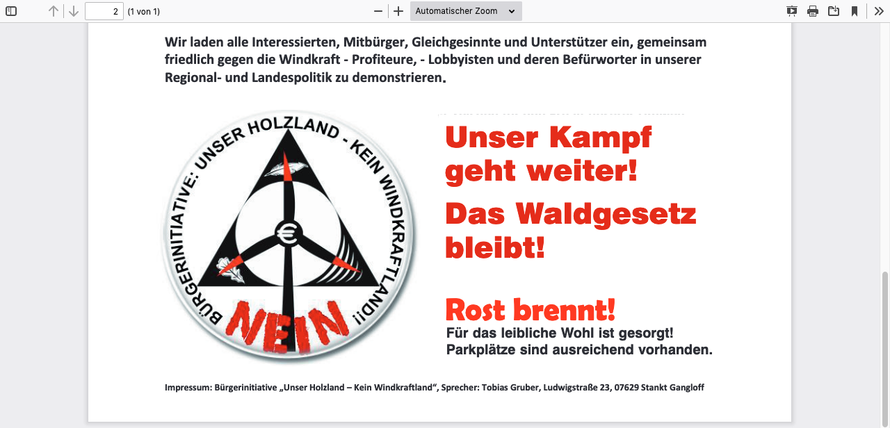 Waldkampftag der Windkraftgegner in Thüringen am 1. Mai