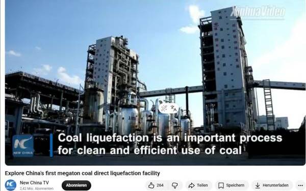 China verarbeitet gewaltige 380 Millionen Tonnen Kohle zu Gas, Benzin, Kunststoffen und Düngemitteln.
