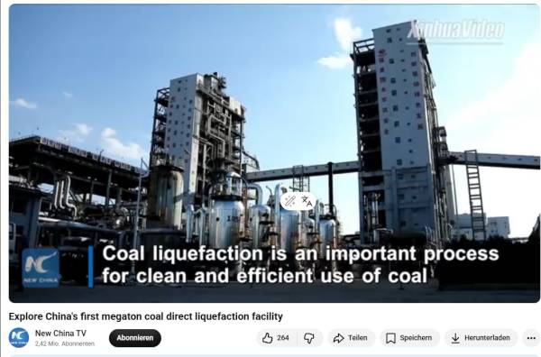 China verarbeitet gewaltige 380 Millionen Tonnen Kohle zu Gas, Benzin, Kunststoffen und Düngemitteln.